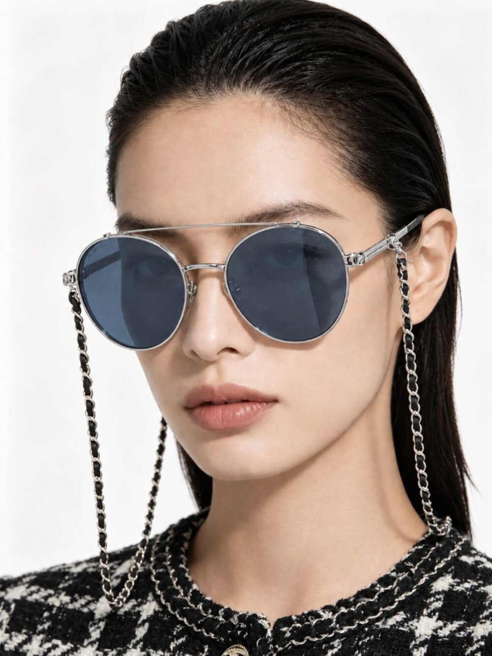 ❤️NWT❤️ CHANEL Round Aviator Sunglasses Silver Blue Lens Leather Chain Strap